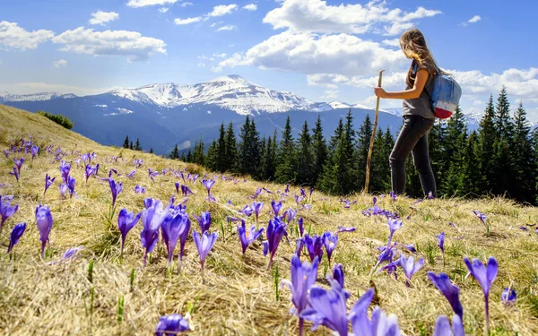 Eine Frau steigt auf einen Berg und blickt in die Ferne auf andere Berge