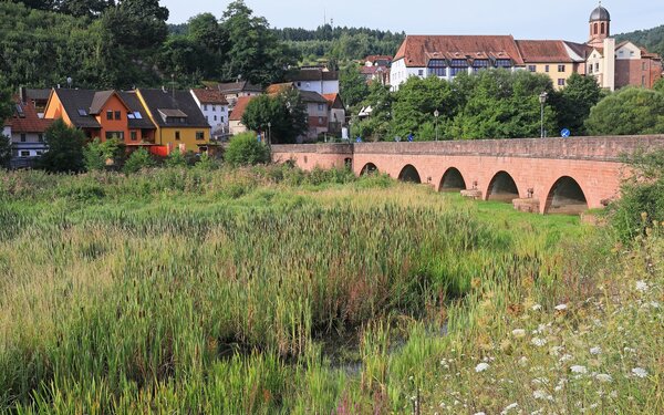 Auenlandschaft im Sinngrund mit der Ortschaft Rieneck, Foto: Uwe Miethe, Lizenz: DB AG