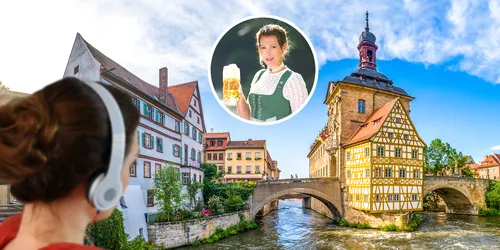 Collage von Rathaus Bamberg mit Frau mit Kopfhörern und Bild von bayerischer Bierkönigin