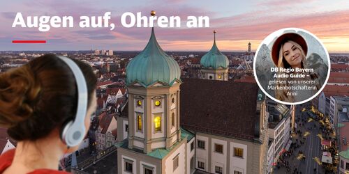 Collage mit Rathaus in Augsburg, Frau mit Kopfhörern und Bild der Influencerin Anni Götze