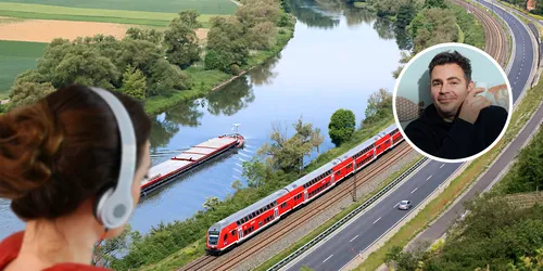 Collage von Main Spessart Express, Frau mit Kopfhörern und Bild von Paul Sedlmair