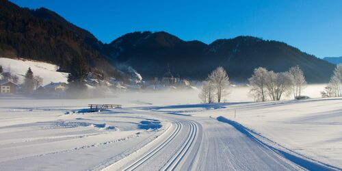 Langlaufloipen im Schnee mit Bergpanorama