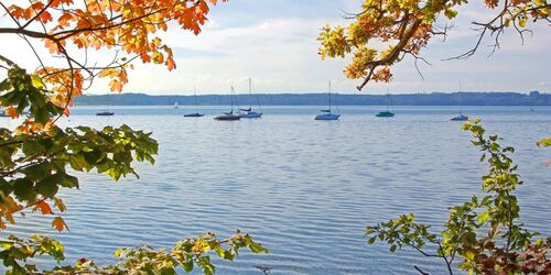 Blick auf See durch herbstlich gefärbte Bäume; Segelboote auf dem See