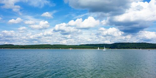 Brombachsee mit Segelbooten und grünen Wäldern im Hintergrund